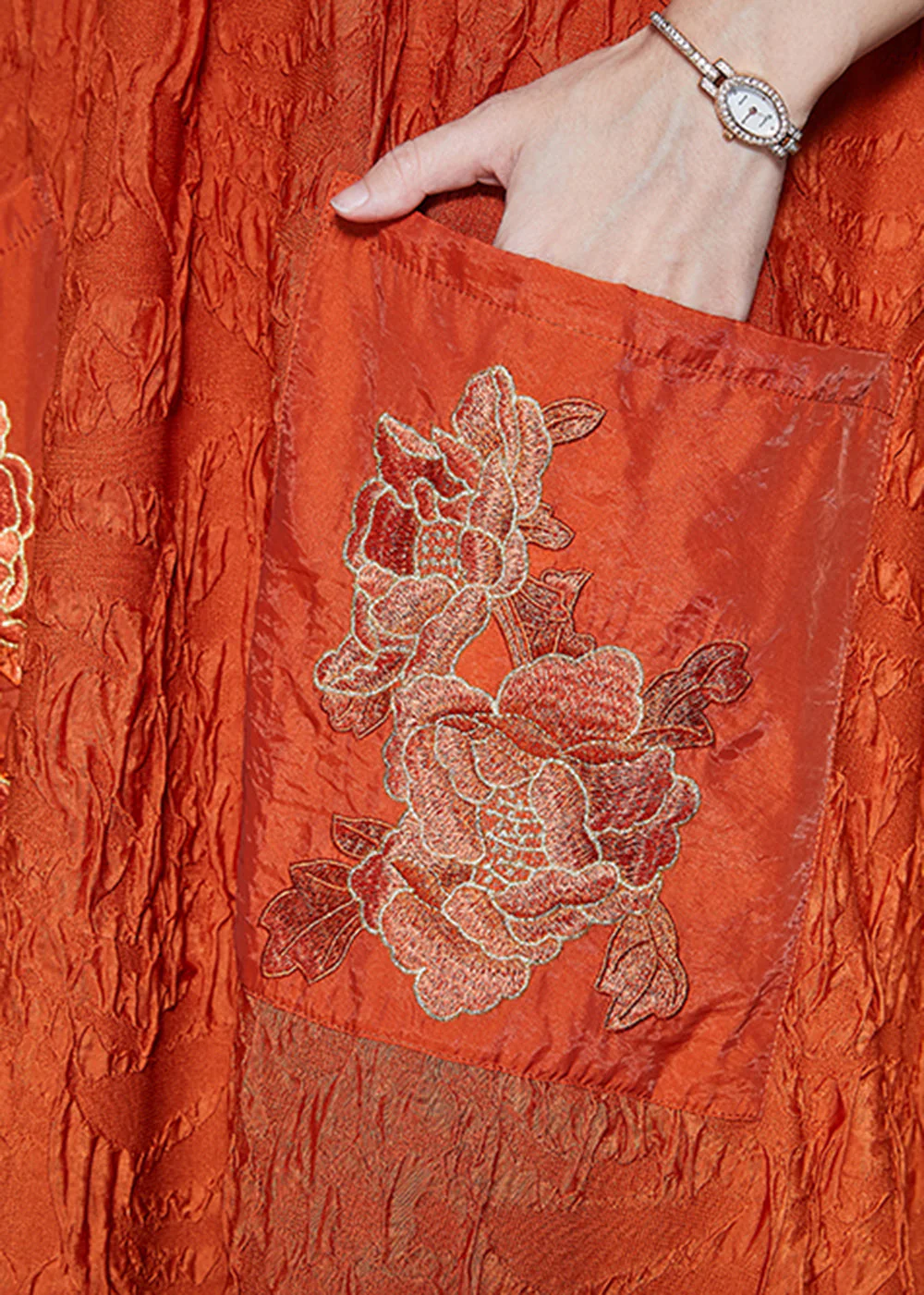 Fashion Orange Embroidered Wrinkled Silk Ankle Dress Fall - Image 5