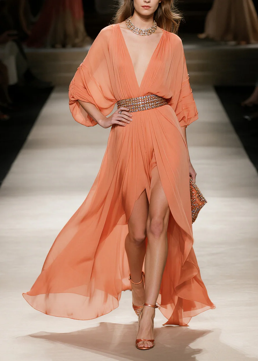 Fashion Orange Exra Large Hem Side Open Tulle Maxi Dress Summer - Image 3