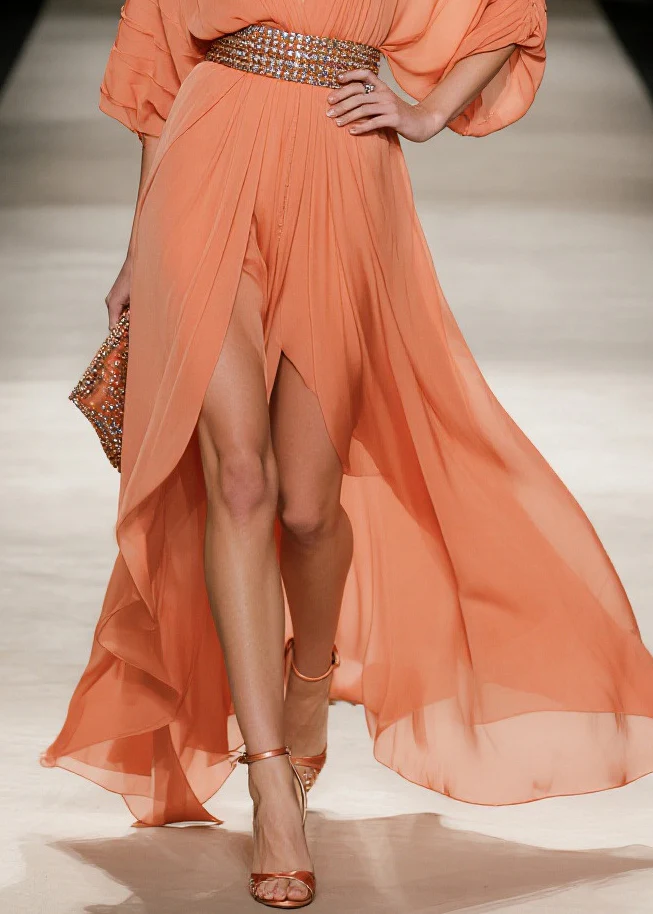 Fashion Orange Exra Large Hem Side Open Tulle Maxi Dress Summer - Image 4