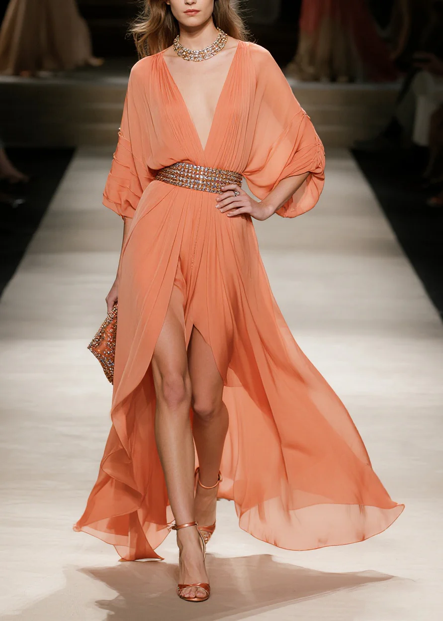 Fashion Orange Exra Large Hem Side Open Tulle Maxi Dress Summer - Image 5