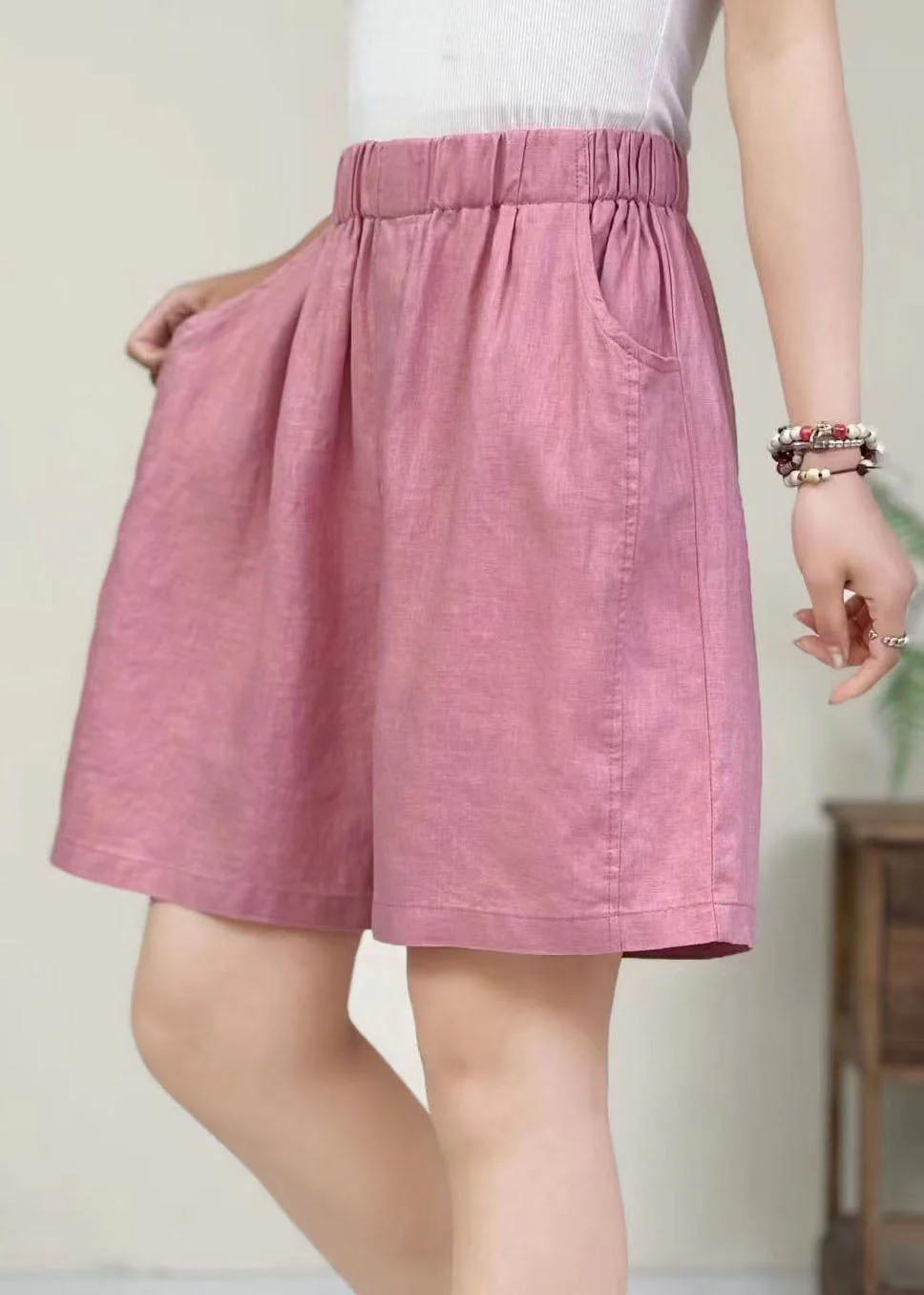Fashion Orange Oversized Elastic Waist Cotton Pants Shorts Summer - Image 4