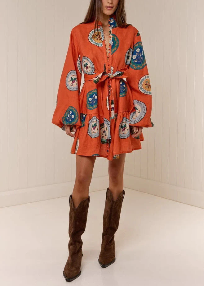 Fashion Orange Oversized Print Linen Dresses Lantern Sleeve - Image 2