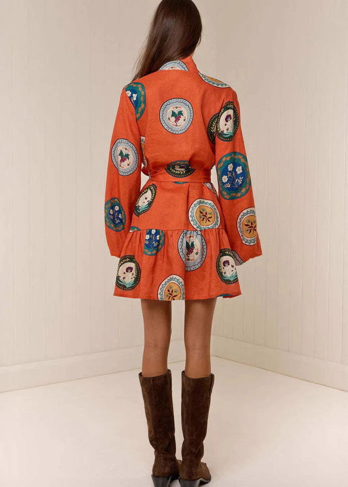 Fashion Orange Oversized Print Linen Dresses Lantern Sleeve - Image 5