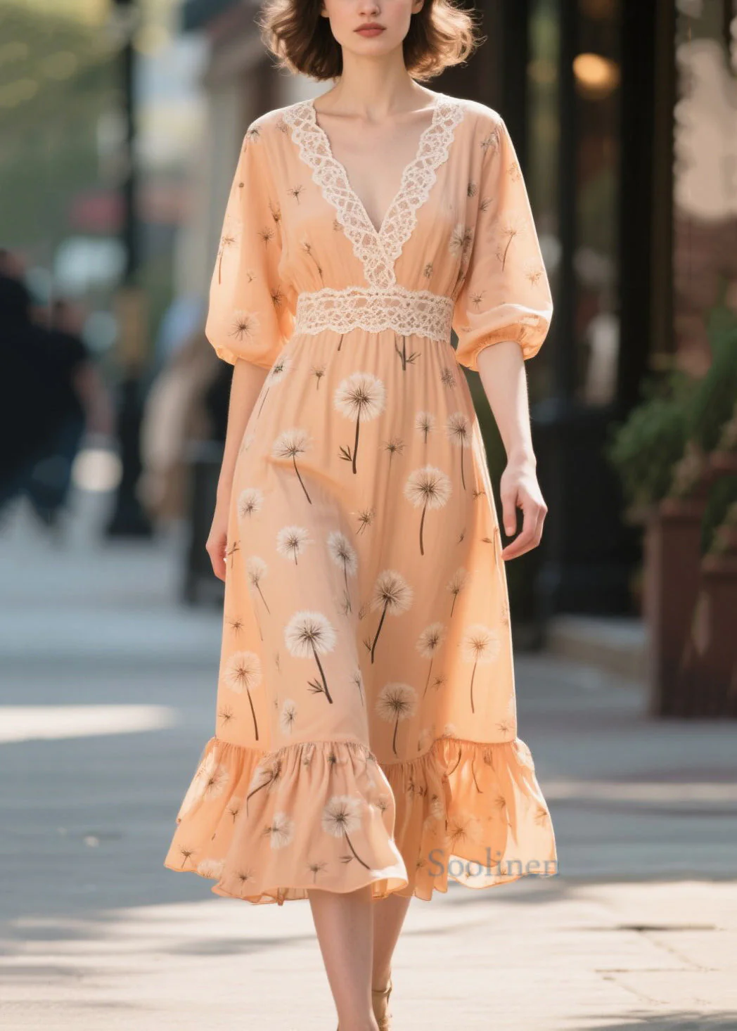 Fashion Orange Print Patchwork Chiffon Long Dress Summer