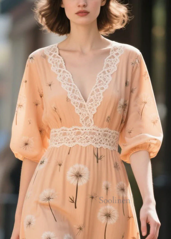 Fashion Orange Print Patchwork Chiffon Long Dress Summer - Image 2