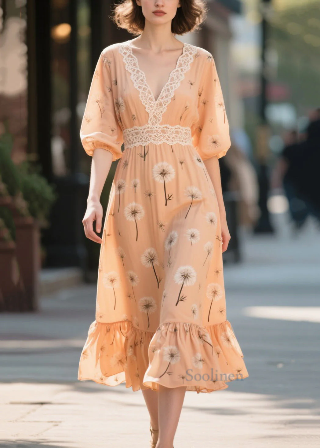 Fashion Orange Print Patchwork Chiffon Long Dress Summer - Image 3