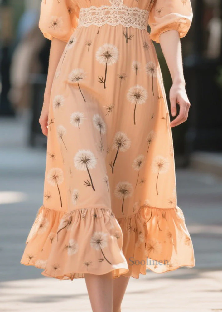 Fashion Orange Print Patchwork Chiffon Long Dress Summer - Image 4