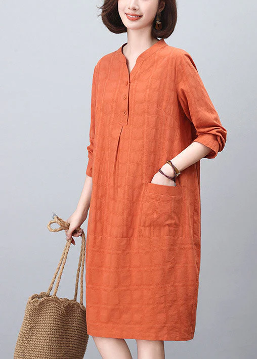 Fashion Orange Stand Collar Cotton Mid Dresses Spring - Image 3
