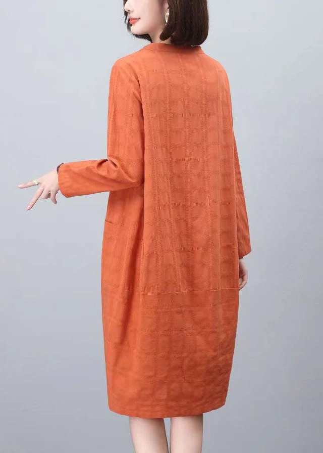 Fashion Orange Stand Collar Cotton Mid Dresses Spring - Image 4