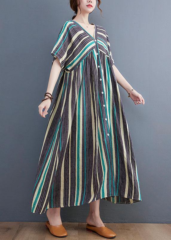 Fashion Orange Striped V Neck Patchwork Holiday Cotton Linen Dress - Image 2