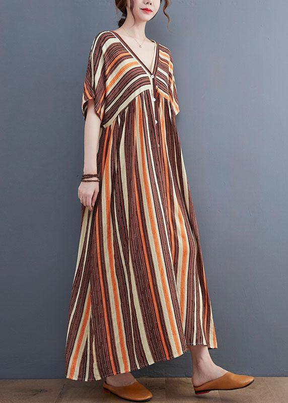 Fashion Orange Striped V Neck Patchwork Holiday Cotton Linen Dress - Image 3