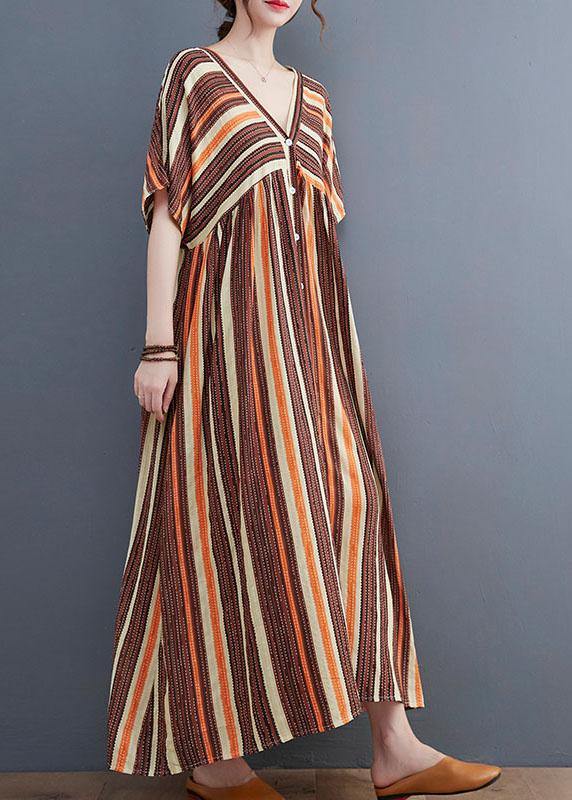 Fashion Orange Striped V Neck Patchwork Holiday Cotton Linen Dress - Image 4