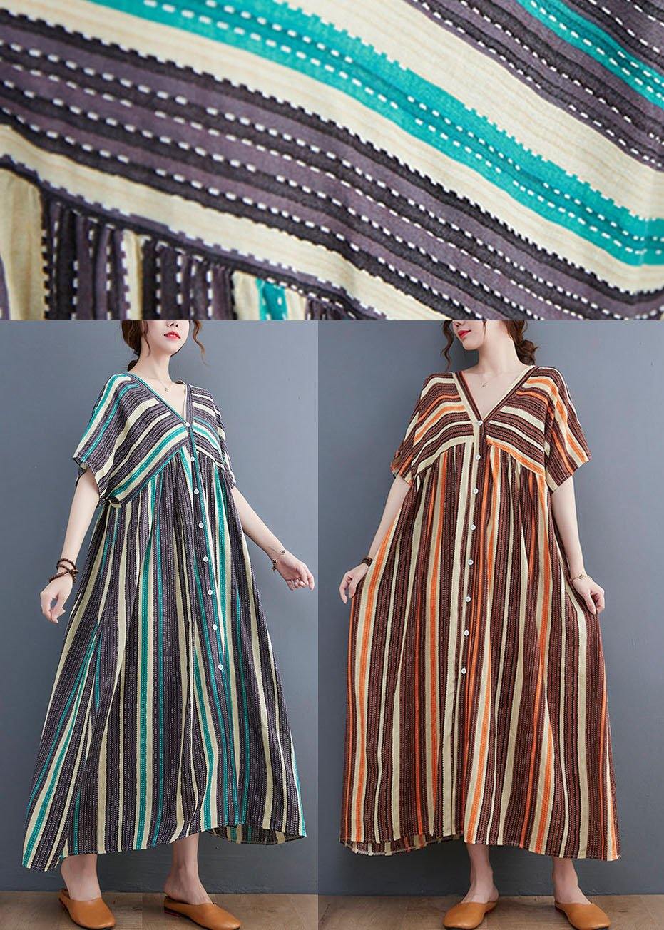 Fashion Orange Striped V Neck Patchwork Holiday Cotton Linen Dress - Image 5