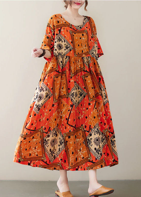 Fashion Orange Wrinkled Print Exra Large Hem Cotton Holiday Dress Short Sleeve - Image 2