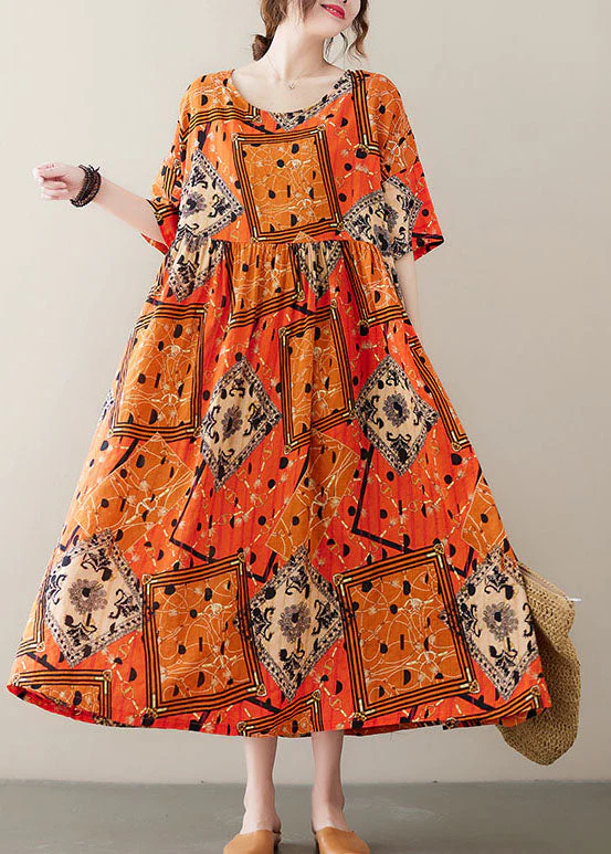 Fashion Orange Wrinkled Print Exra Large Hem Cotton Holiday Dress Short Sleeve - Image 3