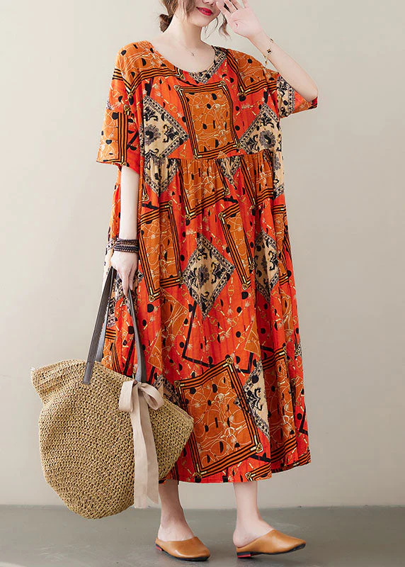 Fashion Orange Wrinkled Print Exra Large Hem Cotton Holiday Dress Short Sleeve - Image 4
