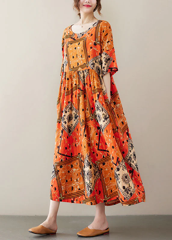 Fashion Orange Wrinkled Print Exra Large Hem Cotton Holiday Dress Short Sleeve - Image 5