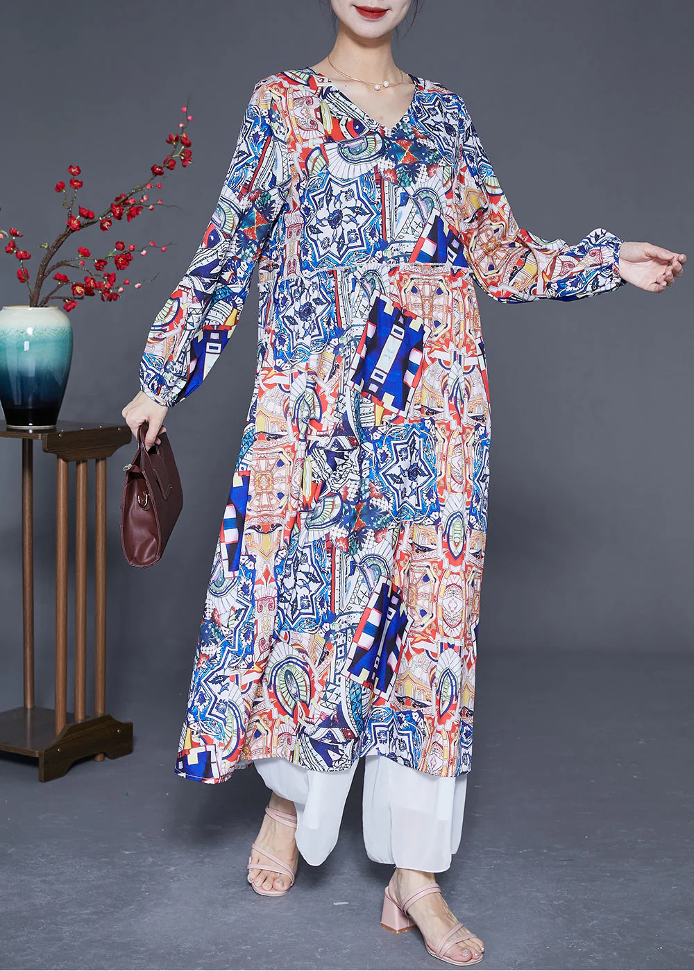 Fashion Oversized Print Silk Party Dress Spring - Image 2