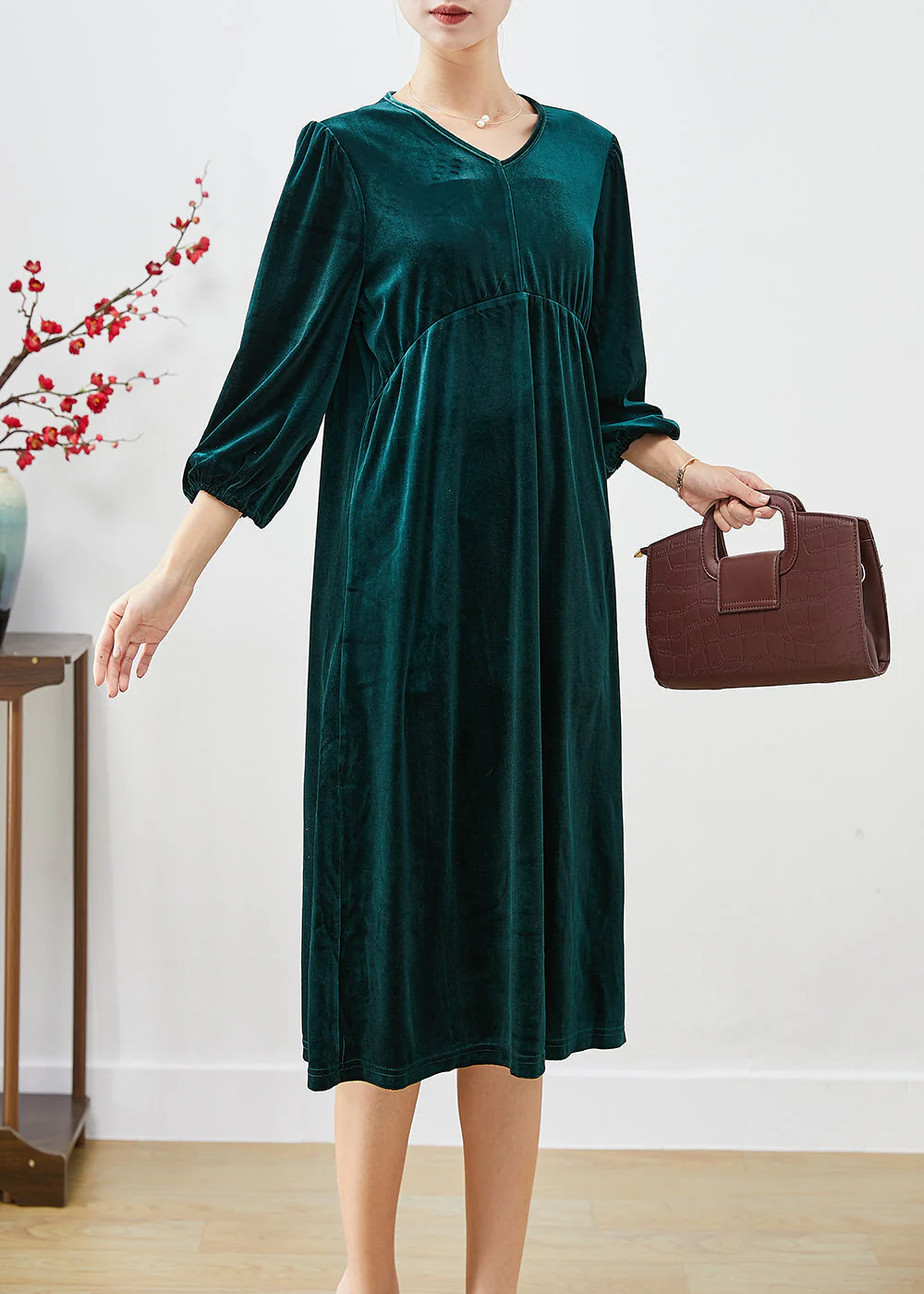 Fashion Peacock Green Oversized Patchwork Silk Velour Holiday Dress Lantern Sleeve - Image 2