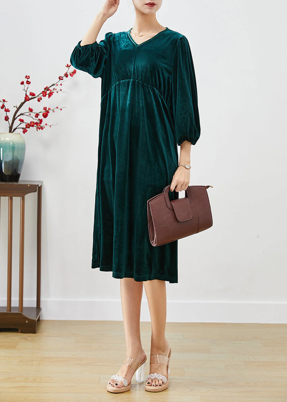 Fashion Peacock Green Oversized Patchwork Silk Velour Holiday Dress Lantern Sleeve - Image 3