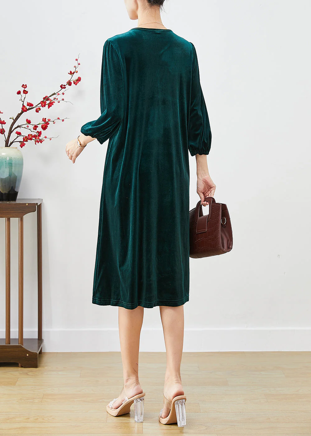 Fashion Peacock Green Oversized Patchwork Silk Velour Holiday Dress Lantern Sleeve - Image 4