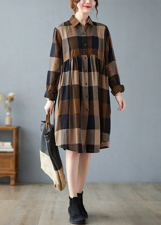 Fashion Peter Pan Collar Button Wrinkled Long Plaid Shirts Dress Long Sleeve - Image 2