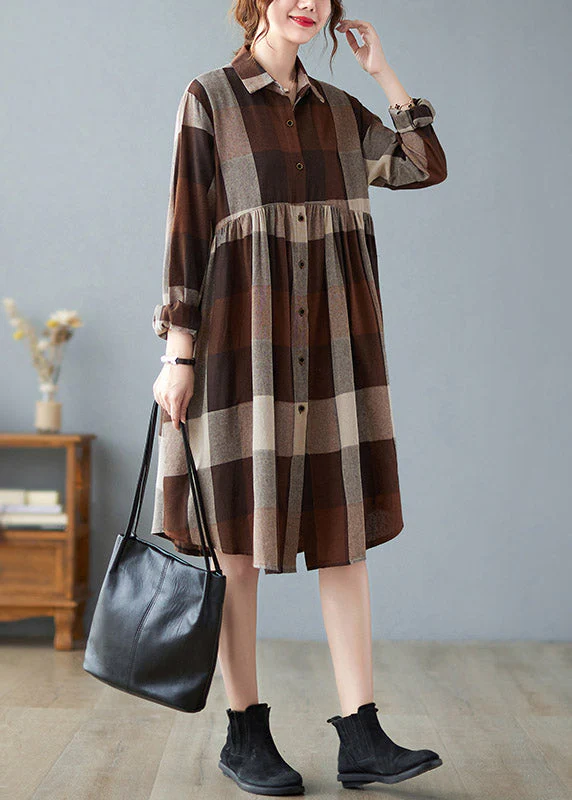 Fashion Peter Pan Collar Button Wrinkled Long Plaid Shirts Dress Long Sleeve - Image 3