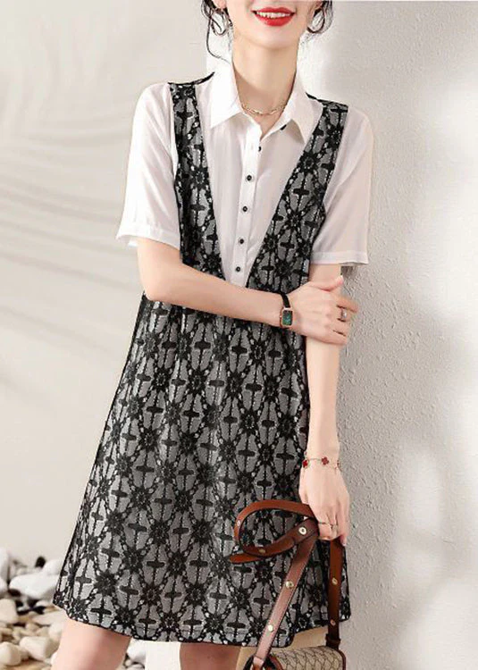 Fashion Peter Pan Collar False Two Pieces Cotton Shirts Dresses Summer - Image 2