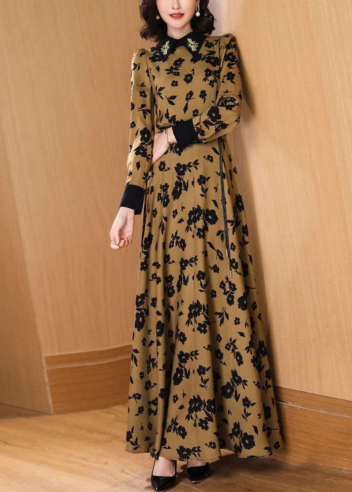 Fashion Peter Pan Collar Print High Waist Tie Waist Chiffon Maxi Dresses Fall - Image 2