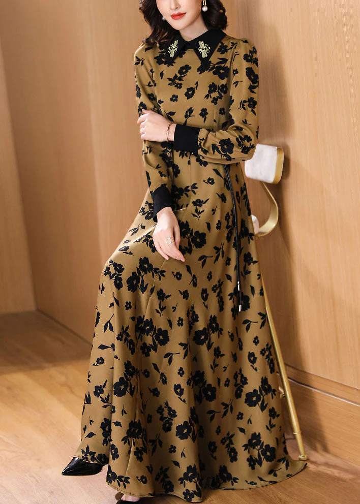 Fashion Peter Pan Collar Print High Waist Tie Waist Chiffon Maxi Dresses Fall - Image 3