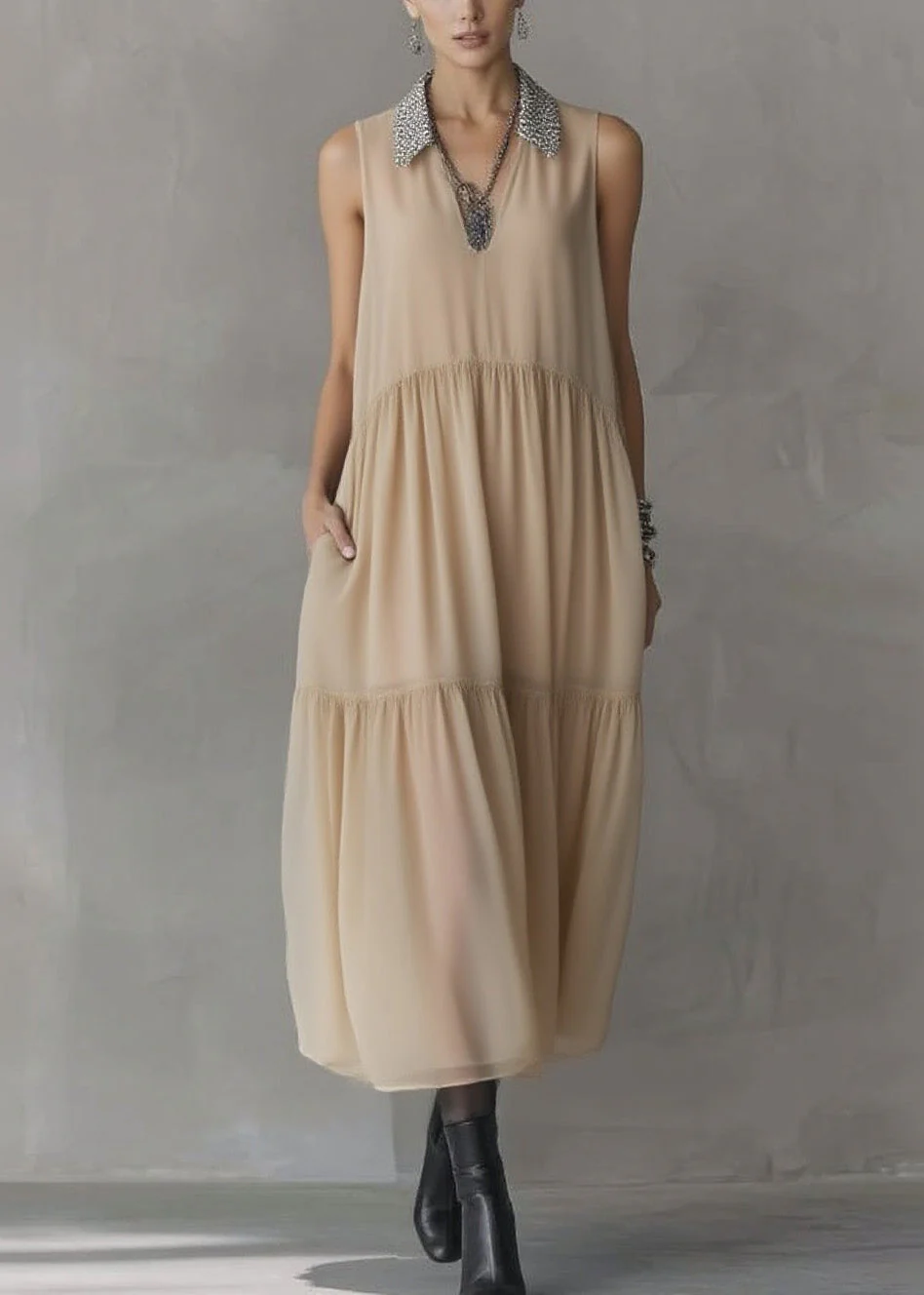 Fashion Peter Pan Collar Wrinkled Patchwork Chiffon Dress Sleeveless - Image 3