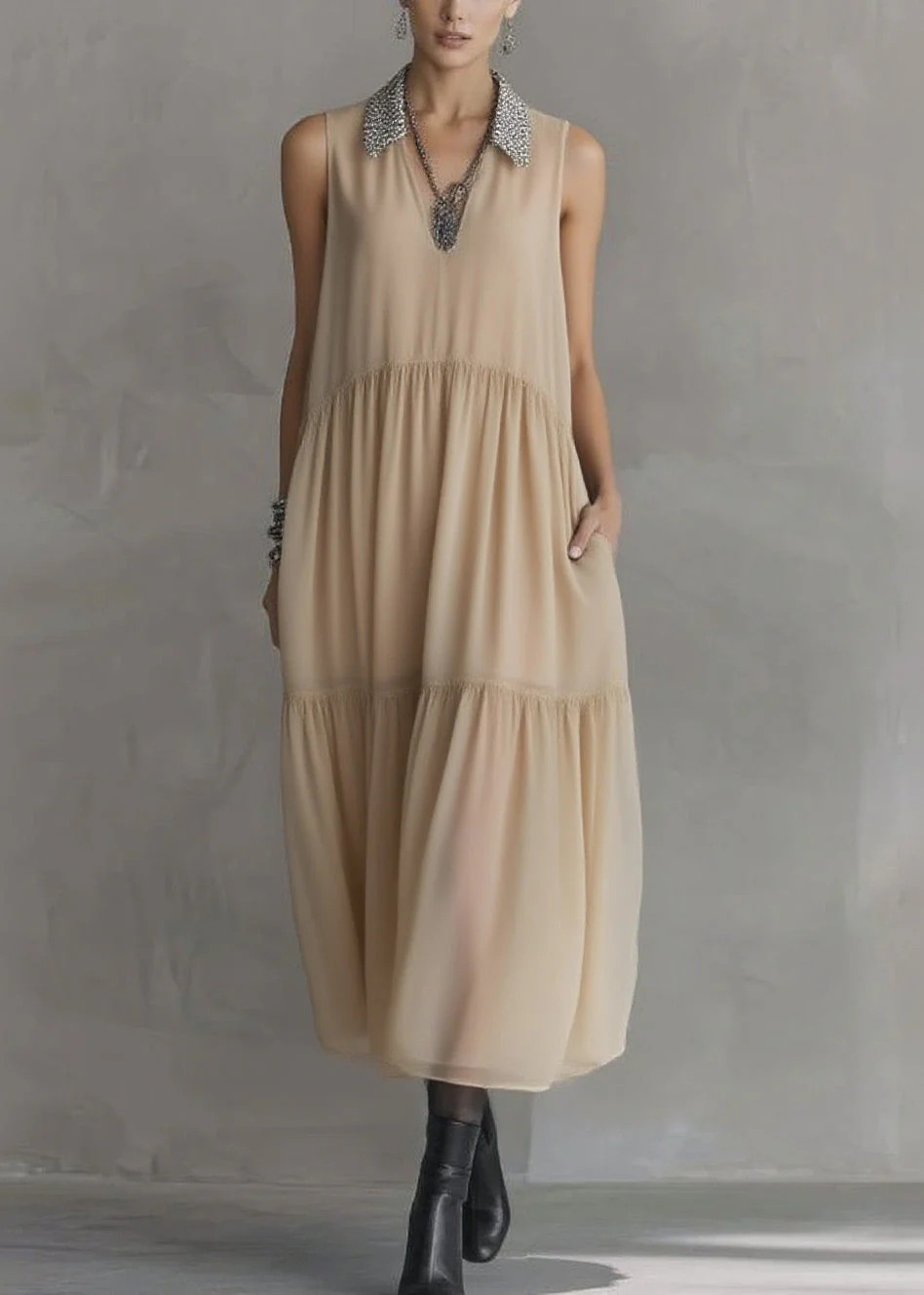 Fashion Peter Pan Collar Wrinkled Patchwork Chiffon Dress Sleeveless - Image 5