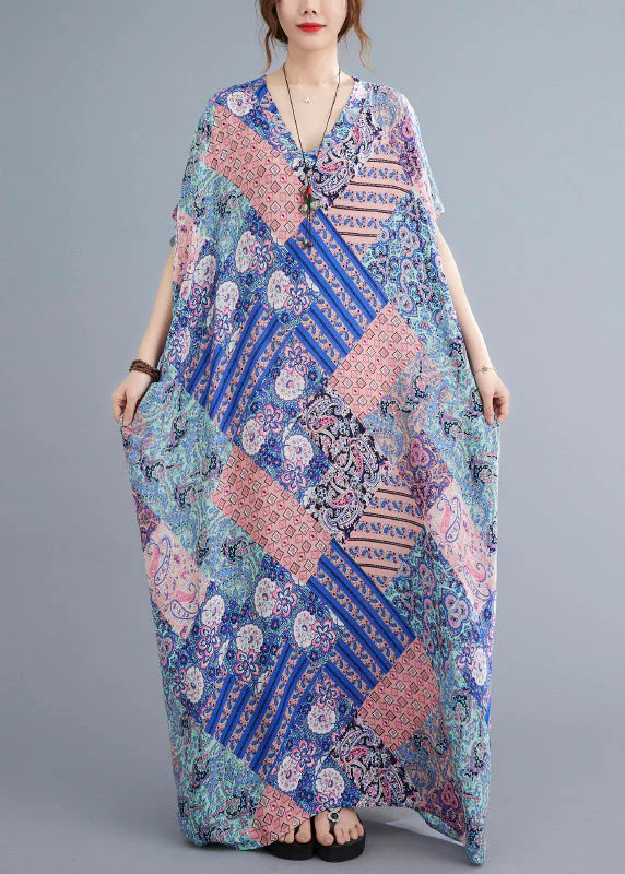 Fashion Pink Blue Print Cotton Beach Long Dresses Summer - Image 2