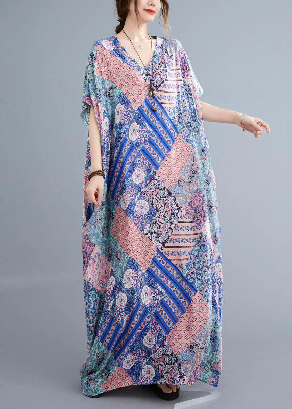 Fashion Pink Blue Print Cotton Beach Long Dresses Summer - Image 3