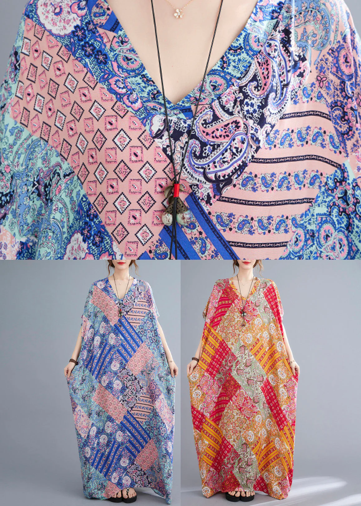 Fashion Pink Blue Print Cotton Beach Long Dresses Summer - Image 5