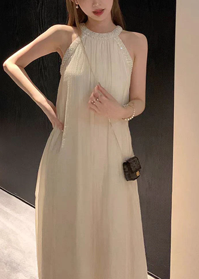 Fashion Pink Cold Shoulder Halter Cotton Long Dress Summer - Image 2