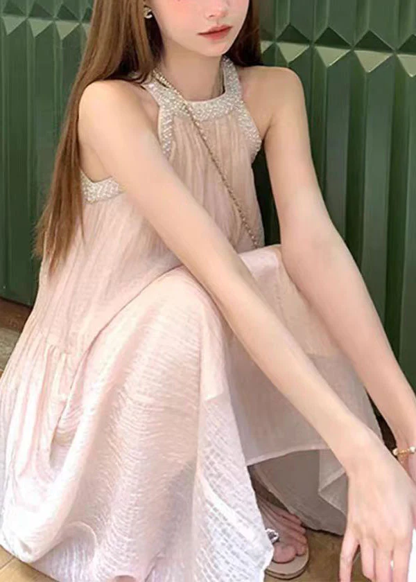 Fashion Pink Cold Shoulder Halter Cotton Long Dress Summer - Image 3