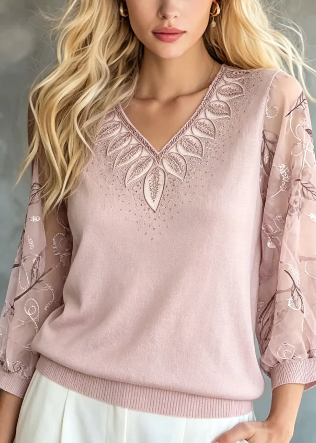 Fashion Pink Embroidered Zircon Knit Top Bracelet Sleeve - Image 2