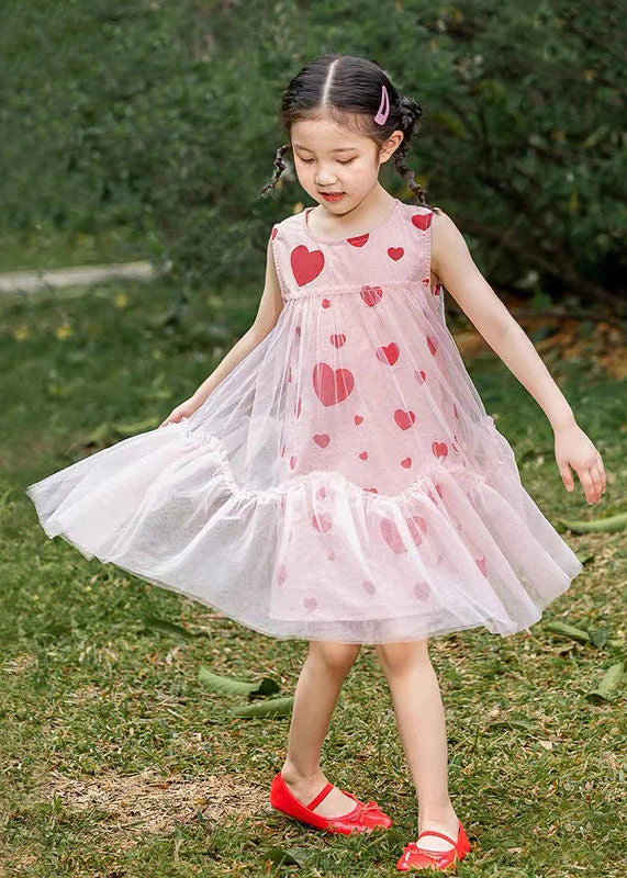 Fashion Pink Love Print Patchwork Wrinkled Tulle Kids Long Dresses Summer - Image 2