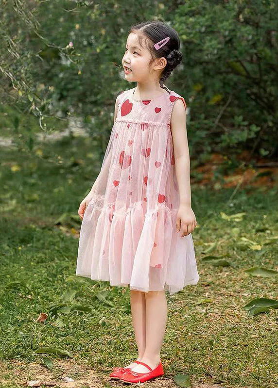 Fashion Pink Love Print Patchwork Wrinkled Tulle Kids Long Dresses Summer - Image 3