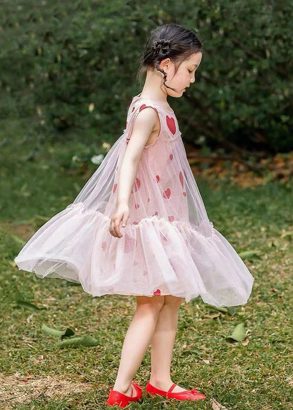 Fashion Pink Love Print Patchwork Wrinkled Tulle Kids Long Dresses Summer - Image 4