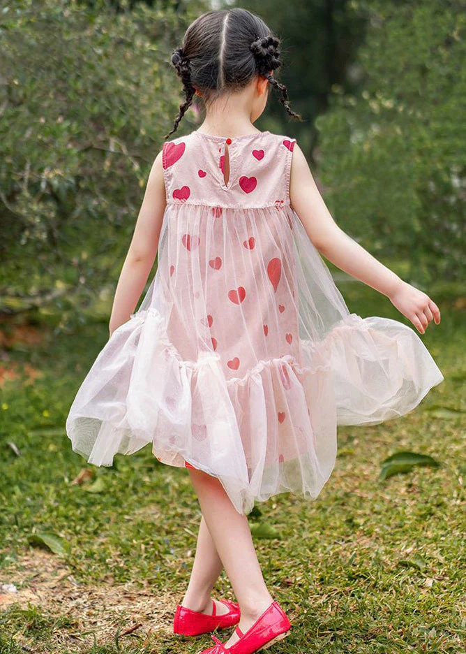 Fashion Pink Love Print Patchwork Wrinkled Tulle Kids Long Dresses Summer - Image 5