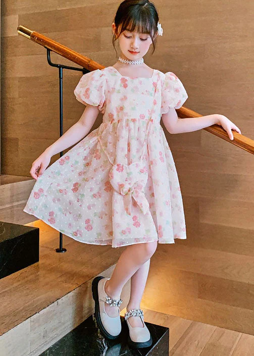 Fashion Pink O Neck Print Patchwork Chiffon Kids Girls Princess Dress Summer - Image 2