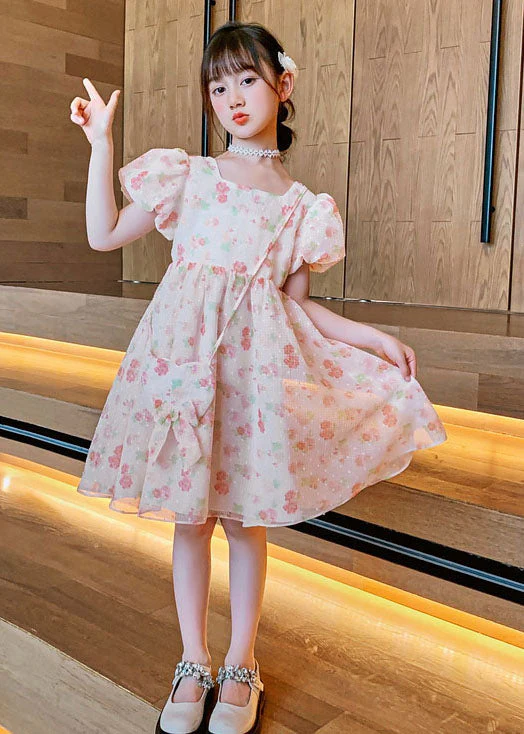 Fashion Pink O Neck Print Patchwork Chiffon Kids Girls Princess Dress Summer - Image 3