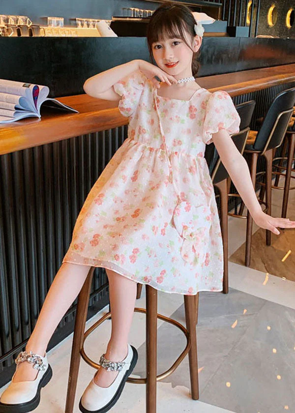 Fashion Pink O Neck Print Patchwork Chiffon Kids Girls Princess Dress Summer - Image 4