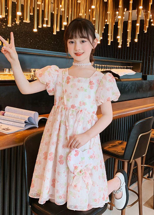 Fashion Pink O Neck Print Patchwork Chiffon Kids Girls Princess Dress Summer - Image 5