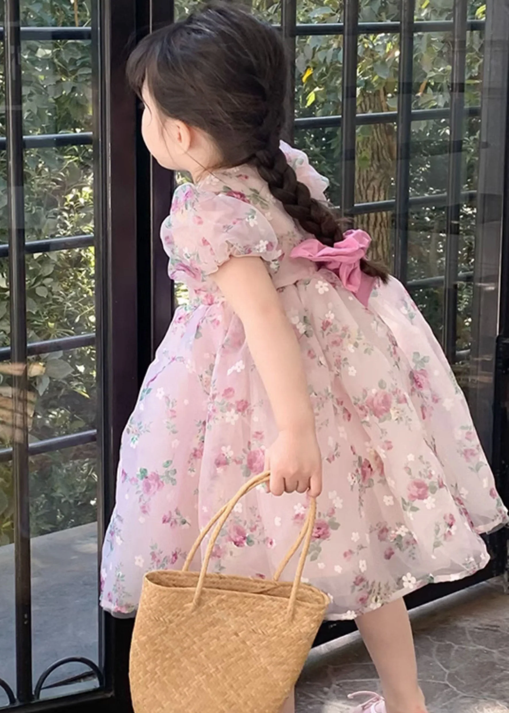 Fashion Pink O Neck Print Wrinkled Patchwork Tulle Kids Girls Dresses Summer - Image 2