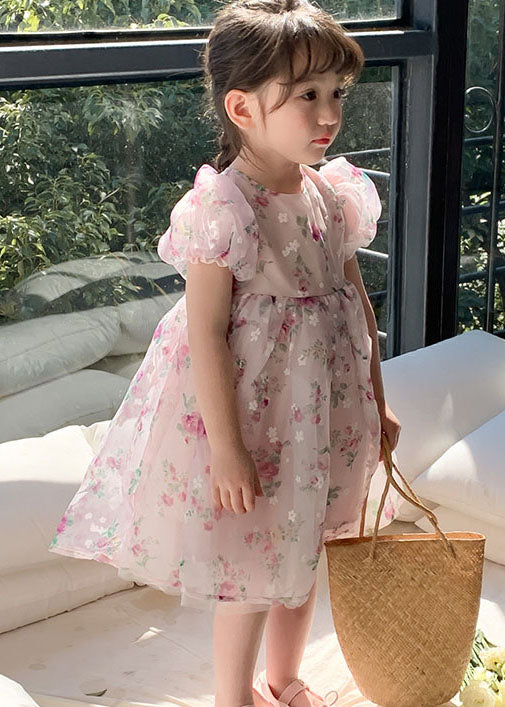 Fashion Pink O Neck Print Wrinkled Patchwork Tulle Kids Girls Dresses Summer - Image 3
