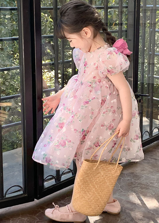 Fashion Pink O Neck Print Wrinkled Patchwork Tulle Kids Girls Dresses Summer - Image 4