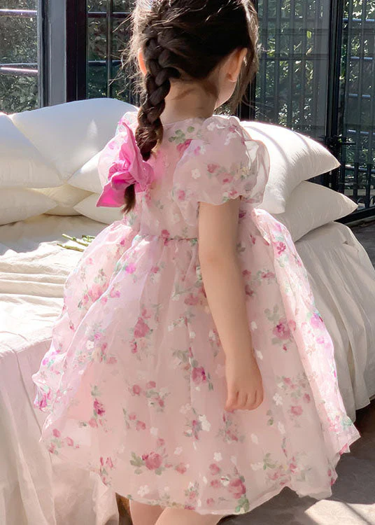 Fashion Pink O Neck Print Wrinkled Patchwork Tulle Kids Girls Dresses Summer - Image 5